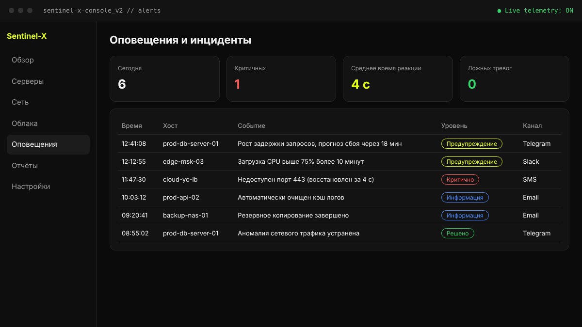 Скриншот раздела оповещений
